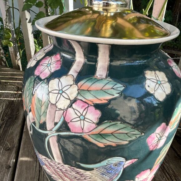 Vintage Chinoiserie Asian Lamp Blue Green Pink Bird Floral 25” Tall - Picture 2 of 16